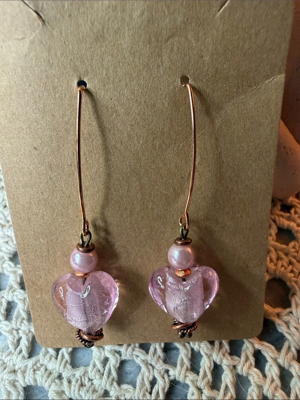 Handmade Pink Heart Glass Drop Earrings